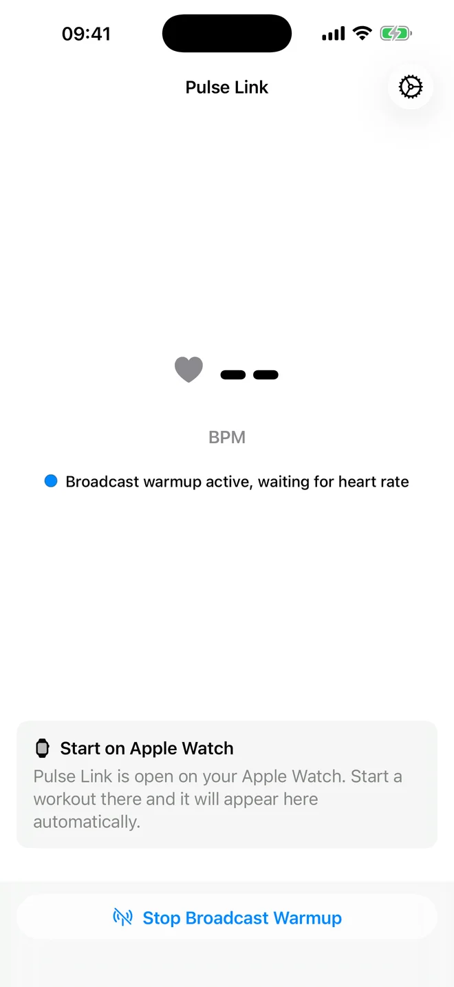 Pulse Link showing Broadcast Warmup on, ready for equipment to connect